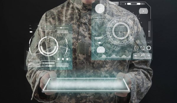 Soldier using virtual tablet hologram army technology