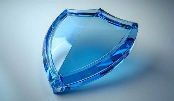 An abstract,isometric shield icon made of frosted blue glass and acrylic material on a white background The design has a clean,modern,and technical aesthetic,with a transparent and glossy finish that