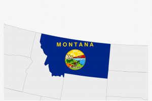 US state Montana map highlighted in Montana flag colors, gray map with neighboring usa states.