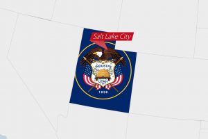 US State Utah map highlighted in Utah flag colors and pin of country capital Salt Lake City, map with neighboring States.